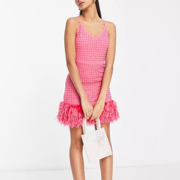 Miss Selfridge Dresses & Skirts - Miss Selfridge Pink Iron On Cami Dress with Faux Feathers